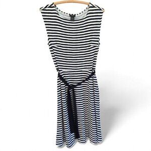 Ann Taylor Womens Medium Knit Navy & White Stripe Sleeveless Belted Dress